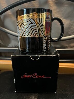 Laurel Burch Black, Gold & Red Lion Motif Ceramic Mug